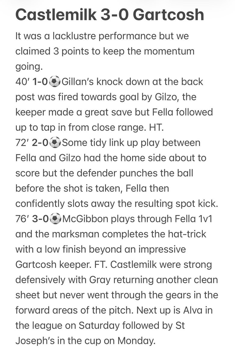 CastlemilkObc's tweet photo. Castlemilk 3-0 Gartcosh 
⚽️⚽️⚽️@_ebaG 
🅰️@andygilzo94 
🅰️@MattMcGibbonnn 
🧤CS @Caldo_83 
Manager’s motm⭐️@_ebaG 
@CaledonianAFA @scottish_aff https://t.co/Q4dBkM2ic3