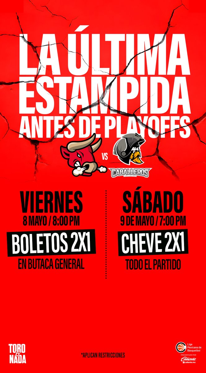 toros_laguna's tweet photo. La última estampida antes de playoffs ya está aquí. 🏀
Toros Laguna vs Caballeros de Culiacán.

🎟 Viernes: Boletos 2x1 en butaca general
🍻 Sábado: Cheve 2x1 TODO el partido

Hagamos que la duela RETUMBE, manada 🐂🔥

#TOROoNADA https://t.co/75DI2eRZYA