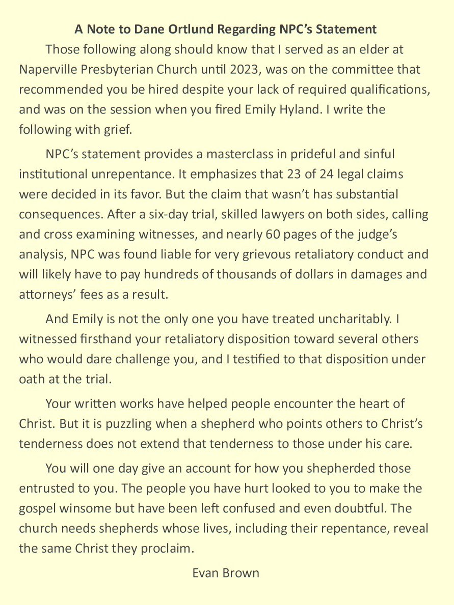 <a href="/daneortlund/">Dane Ortlund</a> I was an elder at <a href="/daneortlund/">Dane Ortlund</a>'s Naperville Presbyterian Church when <a href="/EKHyland/">Emily Hyland</a> was fired and testified under oath at trial. NPC has now released a statement in response to the legal ruling against it. That statement is significant in what it conspicuously omits.