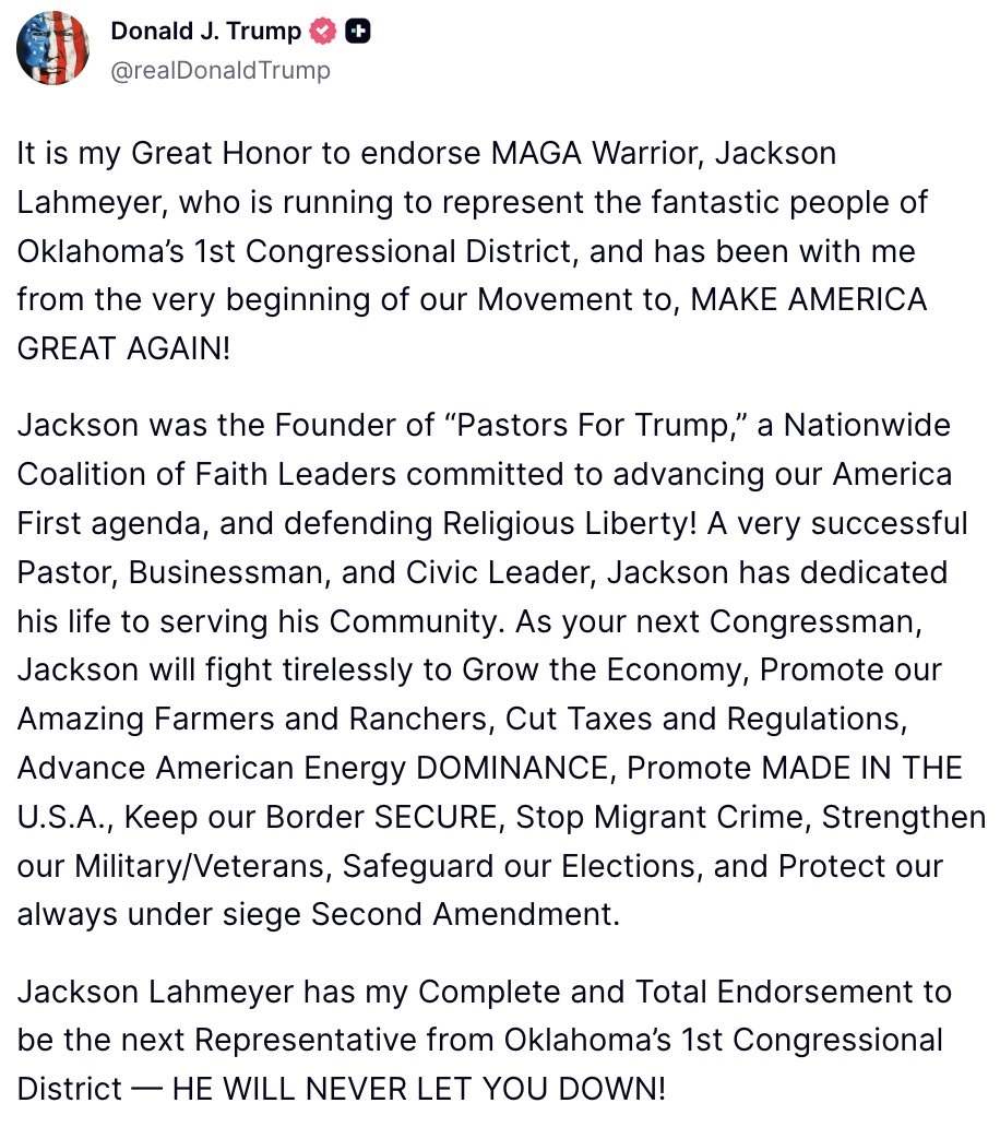 ENDORSED BY PRESIDENT DONALD J. TRUMP 🇺🇸

I'm grateful for President Trump's endorsement and his faith in me to be the next Congressman from Oklahoma's 1st district.

President Trump knows I will fight to restore faith, defend Oklahoma values, and advance President Trump's