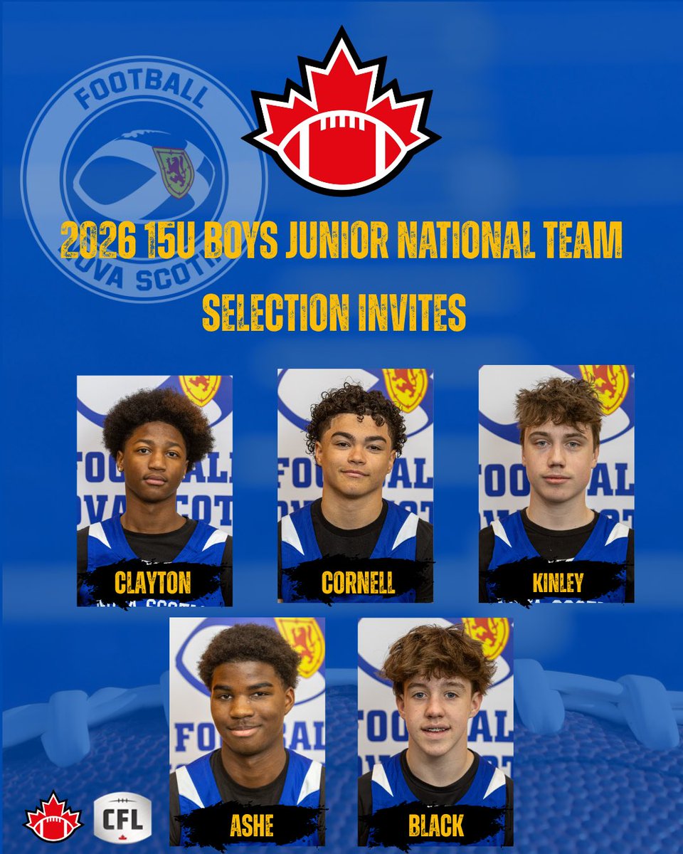 FootballNS's tweet photo. Nova Scotia athletes have been invited to the Final Selection Camp for the Junior National Team, taking place during Elite Flag Nationals on May 17 

17U Boys: Seth May, Zach King, Michael Cho, Dantae Richard, Luca Barreiro https://t.co/2n8Y3C83Ns