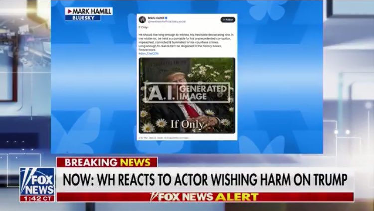 arenarintel's tweet photo. 🇺🇸 White House blasts Mark Hamill over social media post depicting Trump in a grave, calling the image "disgusting" and urging Obama to condemn it. https://t.co/L6tLuWLy0o