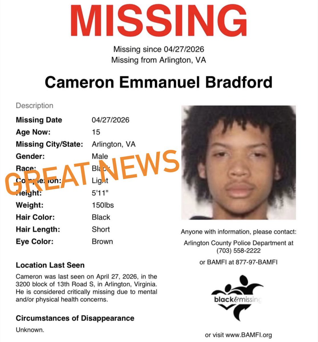 BAM_FI's tweet photo. GREAT NEWS! Cameron has been located safe.

Thank you all for sharing his profile. 🧡 https://t.co/qDpAm1qOXx