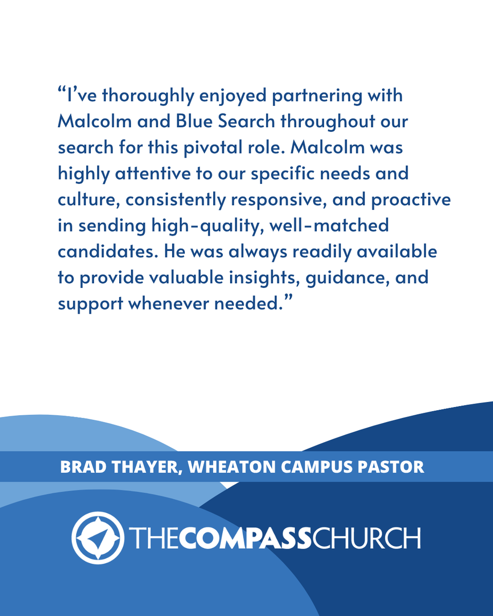 BlueSearchCo's tweet photo. 📢 We are so excited to announce Kyle Wolfgang’s placement as the Director of Adult Ministries & Guest Services at The Compass Church - Wheaton Campus!

Kyle brings a conviction to help people find and follow God. His passion for discipleship and servant leadership will help the Wheaton Campus move people forward in their walk with Jesus.

🗣 “I’ve thoroughly enjoyed partnering with Malcolm and Blue Search throughout our search for this pivotal role. Malcolm was highly attentive to our specific needs and culture, consistently responsive, and proactive in sending high-quality, well-matched candidates. He was always readily available to provide valuable insights, guidance, and support whenever needed.” ~ Brad Thayer, Wheaton Campus Pastor

🗣 “Malcolm Schaad at Blue Search was a true gift to me as I looked for a new church role, after relocating my family. I was very impressed with the process, as well as the immediate respect and connection I felt with Malcolm. The straightforwardness and clarity that was presented, as well as his transparency, was greatly appreciated and helped me take each step forward with confidence. Malcolm was a huge part in my journey of restarting and I'm forever grateful for his help!” ~ Kyle Wolfgang, Director of Adult Ministries and Guest Services, Wheaton Campus

A member of the Evangelical Free Church of America (EFCA), The Compass Church is a multi-campus church serving Chicagoland with six locations: Naperville, Wheaton, Bolingbrook, South Naperville, Plainfield, and Hinsdale.

#adultminpastor
#ministryjobs
#pastorsearch
#churchjobs
#ministryplacement