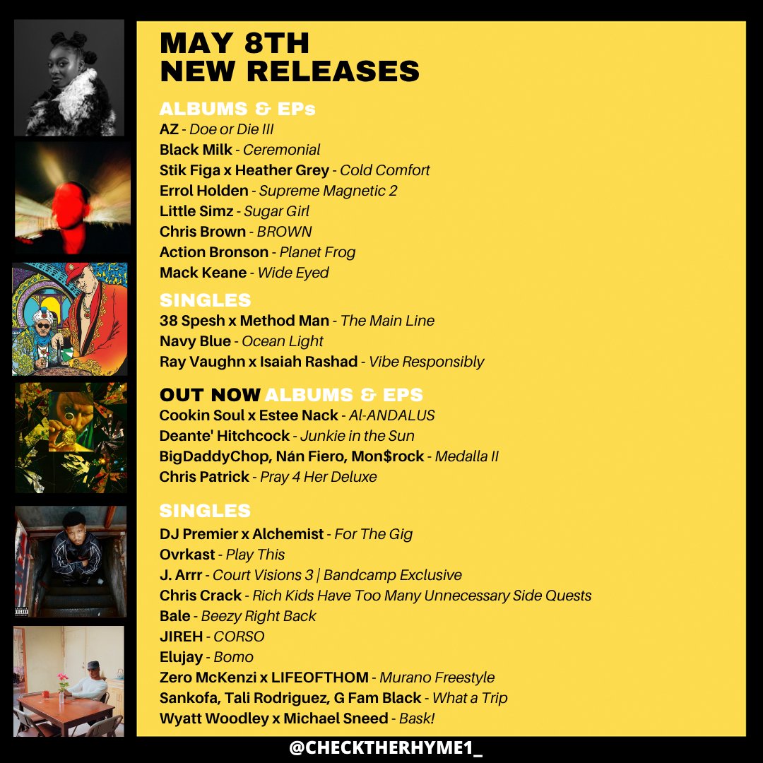 checktherhyme1_'s tweet photo. 🚨 This week's new releases

AZ
Preemo x Alchemist
Black Milk
38 Spesh x Method Man
J. Arrr
Stik Figa x Heather Grey
Errol Holden
Little Simz
Navy Blue
Cookin Soul x Estee Nack
Ovrkast.
Ray Vaughn x Isaiah Rashad
Action Bronson
Bale
BigDaddyChop, Mon$rock, Nán Fiero
JIREH
+more https://t.co/c7NctJVIrW