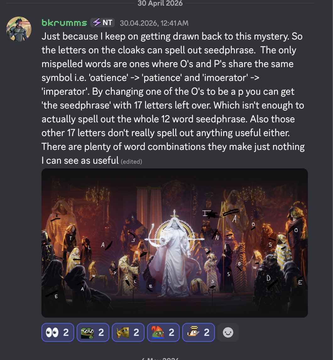 toomuchlag's tweet photo. Incredibly stoked to see @Bkrumms has solved the puzzle in Conclave 🤯

Originally minted in 2024, an edition given to the top 31 holders of my large dynamic collection: "Le Anime", the Conclave concealed a secret.

There were never 31 editions.

There were 32.

One remained hidden, free to claim by whoever could solve the puzzle embedded in the artwork.

Two years later, the 32nd edition has been collected.

The puzzle has been solved.

The Concalve begins.