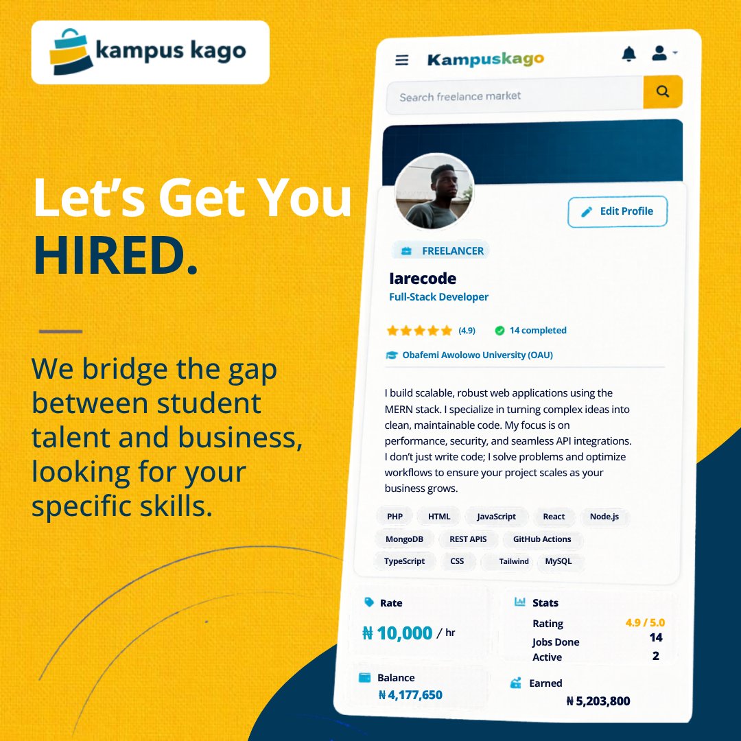 kampuskago's tweet photo. Stop leaving money on the table. 💸

You’ve spent years learning to code, design, or write. Why are you still struggling to buy data or pay for lunch? Kampuskago connects student talent with businesses that actually pay what you’re worth.

🚀 Start your journey to financial freedom:

Create a profile in < 2 minutes.

Showcase your portfolio.

Get hired by businesses looking for YOU.

🔗 Onboard now at: https://t.co/iNVGqC2bB2

#Kampuskago #StudentFreelancer #NigeriaTech #SideHustle #StudentDeveloper #CampusLife #FinancialFreedom #GigEconomy