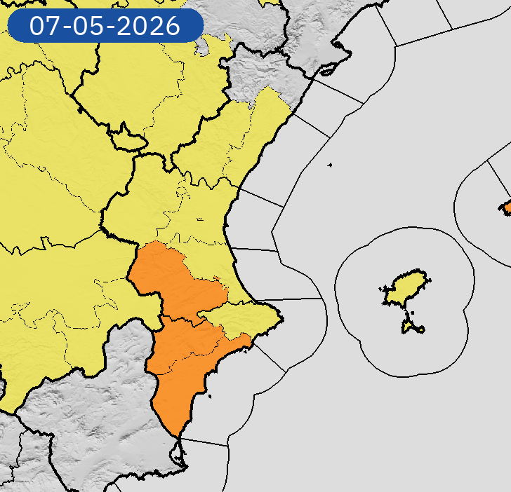 AEMET_CValencia's tweet photo. 07/05 21:54 AVISOS HOY | Comunitat Valenciana: lluvias y tormentas. Nivel máximo de aviso: naranja.
Actualizaciones en https://t.co/R3Fs2JzKgr https://t.co/ZTlOZWloCD