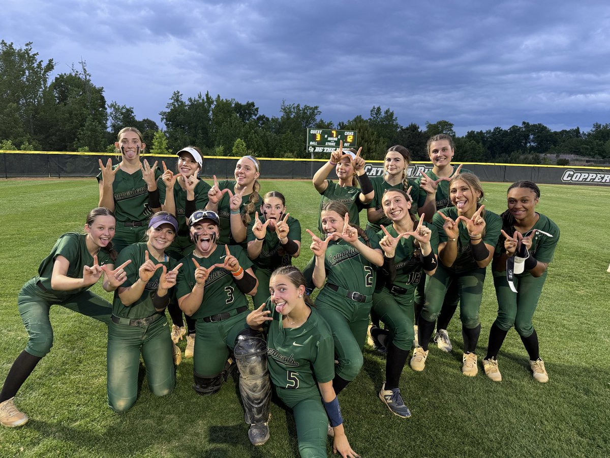 CatawbaRidgeSB's tweet photo. CR with a 12-3 playoff win over Greenville. Taylan Sistare led w/ with 4H, w/ a double and 2 RBIs, Jaidyn Harris added 2H, a 2-run double, and 3 RBIs. Lily Hiller drove in a run with a sac bunt as the Copperheads totaled 8H, stole 9 bases, BG Yates’ pitched 13-K complete game. https://t.co/fxPnfetEjC
