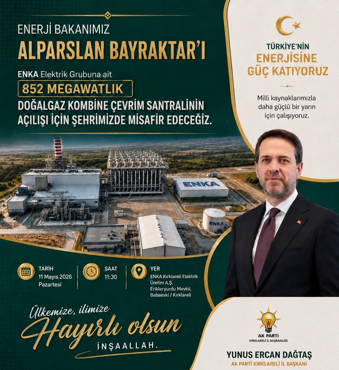yunusercan39's tweet photo. Enerji Bakanımız Alparslan Bayraktar'ı ENKA Elektrik grubuna ait 852 megavatlık doğalgaz kombine çevrim santralinin açılışı için şehrimizde misafir edecegiz.

Ülkemize ilimize Hayırlı olsun inşallah.

@abuyukgumus
@haydaraliyildiz
@alisevinc34 https://t.co/m35XW40Rge