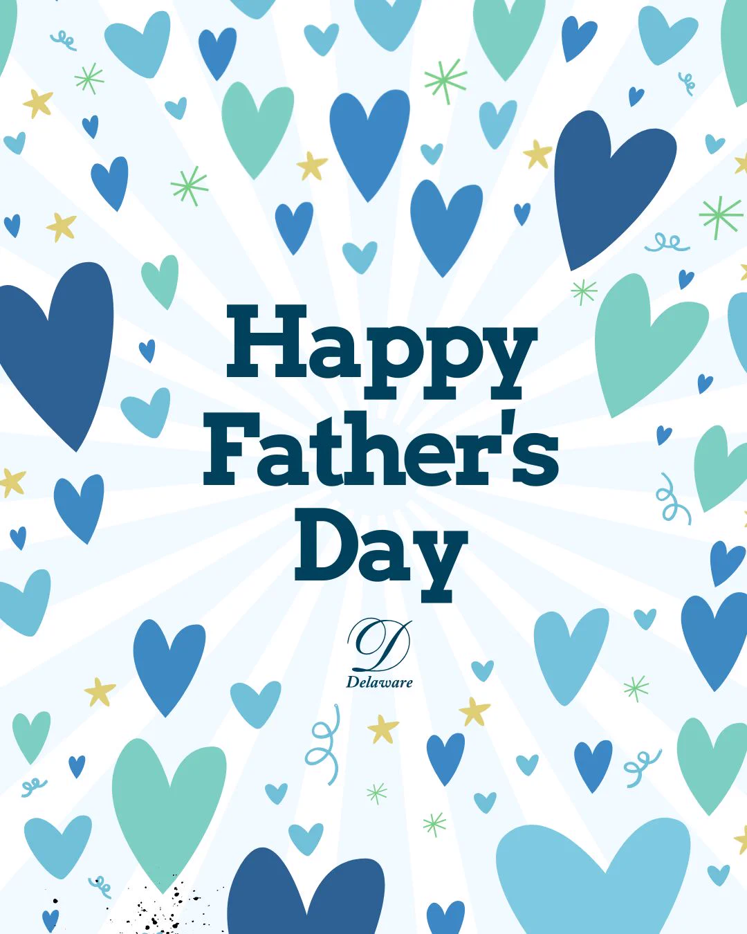 Happy Father's Day message with a background showcasing different shades of blue & green hearts.