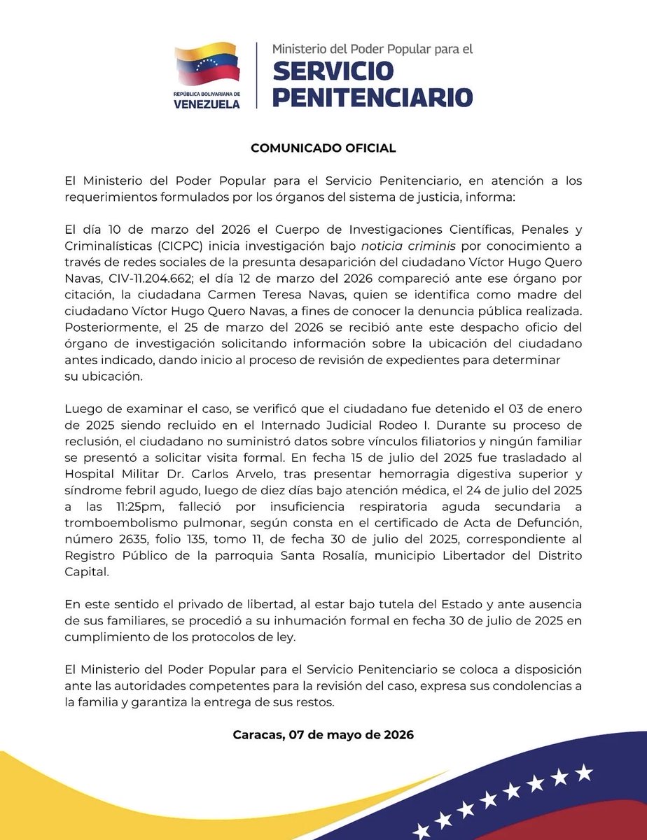 osmarycnn's tweet photo. Ministerio para el servicio penitenciario informa sobre el fallecimiento de Victor Hugo Quero ocurrido el 30 de Julio de 2025 bajo custodia del estado. Desde entonces su madre Carmen Teresa Navas había estado buscándolo. https://t.co/BRKad5Do7E