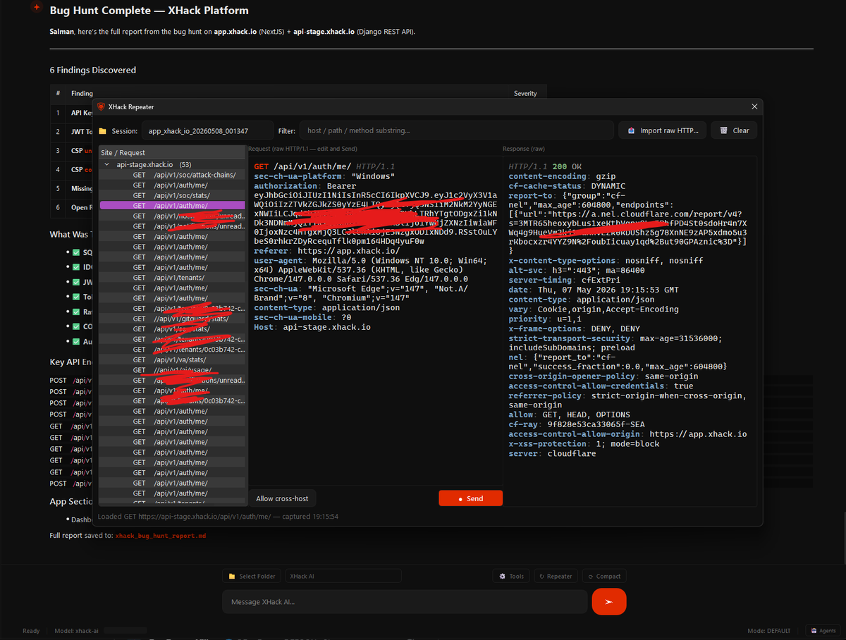 xhackio's tweet photo. XHack AI just pentested our own tenant based system and uncovered real vulnerabilities in minutes. Solid start.

Now even stronger: Built-in repeater to escalate findings yourself or hand off to AI Powerful JS extractors Plus tons of new pro features
The smartest AI agent for bug hunting and pentesting is leveling up fast.

Who’s next? Drop your target 👇