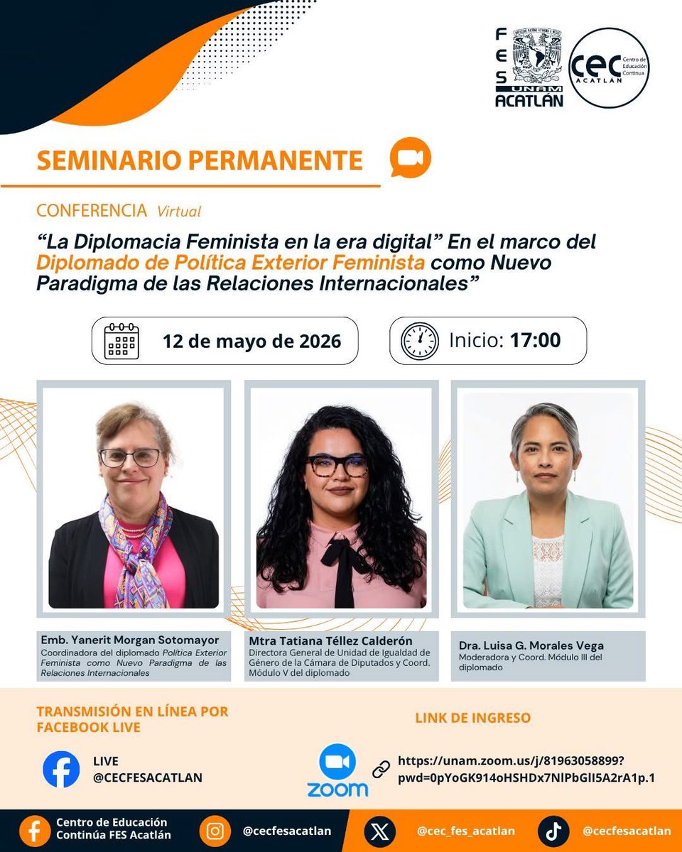 YaneritMorgan's tweet photo. Te invitamos a la conferencia virtual “La Diplomacia Feminista en la era digital”, impartida por la Mtra.Tatiana Téllez, en el marco del Diplomado de Política Exterior Feminista como Nuevo Paradigma de las R.I, no te la pierdas! @CEC_FES_ACATLAN 
📆 12 de mayo ⏰17:00 hrs 👇🏼💜 https://t.co/C7ldkDAkcv
