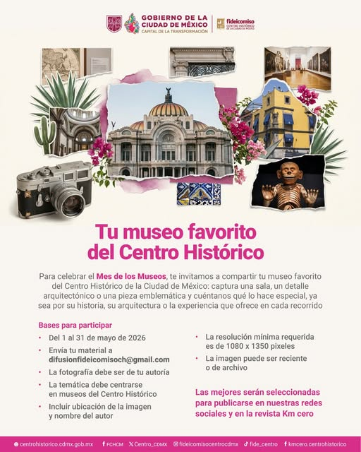 Centro_CDMX's tweet photo. Participa en nuestra convocatoria "Tu museo favorito del Centro Histórico" y envía una fotografía de tu rincón favorito de estos recintos culturales.

👉Tienes hasta el 31 de mayo del 2026 para mandarnos tu fotografía al correo difusionfideicomisoch@gmail.com https://t.co/Q2XzHphMvy
