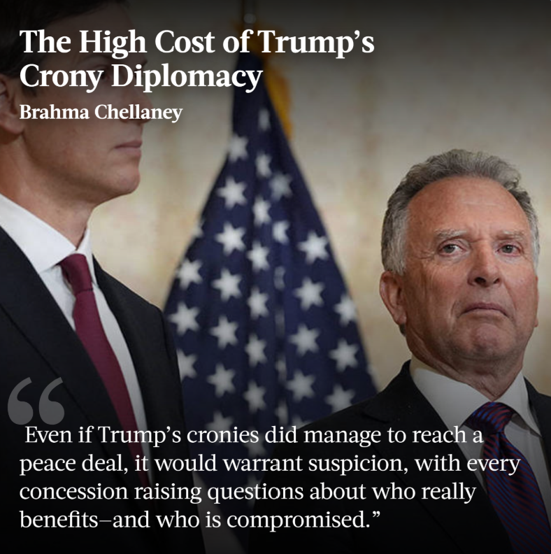 Jared Kushner and Steve Witkoff exercise influence without transparency and negotiate on behalf of the US without accountability, observes <a href="/Chellaney/">Dr. Brahma Chellaney</a>. The harm this will do to America's global leadership should not be underestimated.
bit.ly/4uovUYx