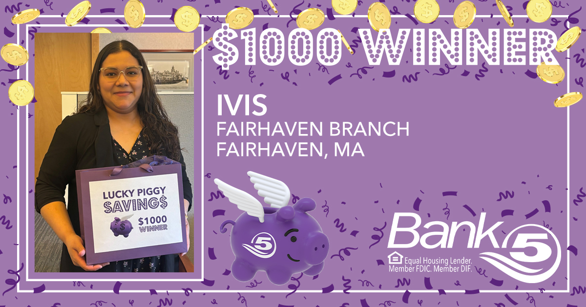 BankFive's tweet photo. Congratulations to Ivis, our April Lucky Piggy Savings winner! Visit https://t.co/NU4rbps1o4 to learn more about our Lucky Piggy Savings account. https://t.co/y3oT5CW3Tq