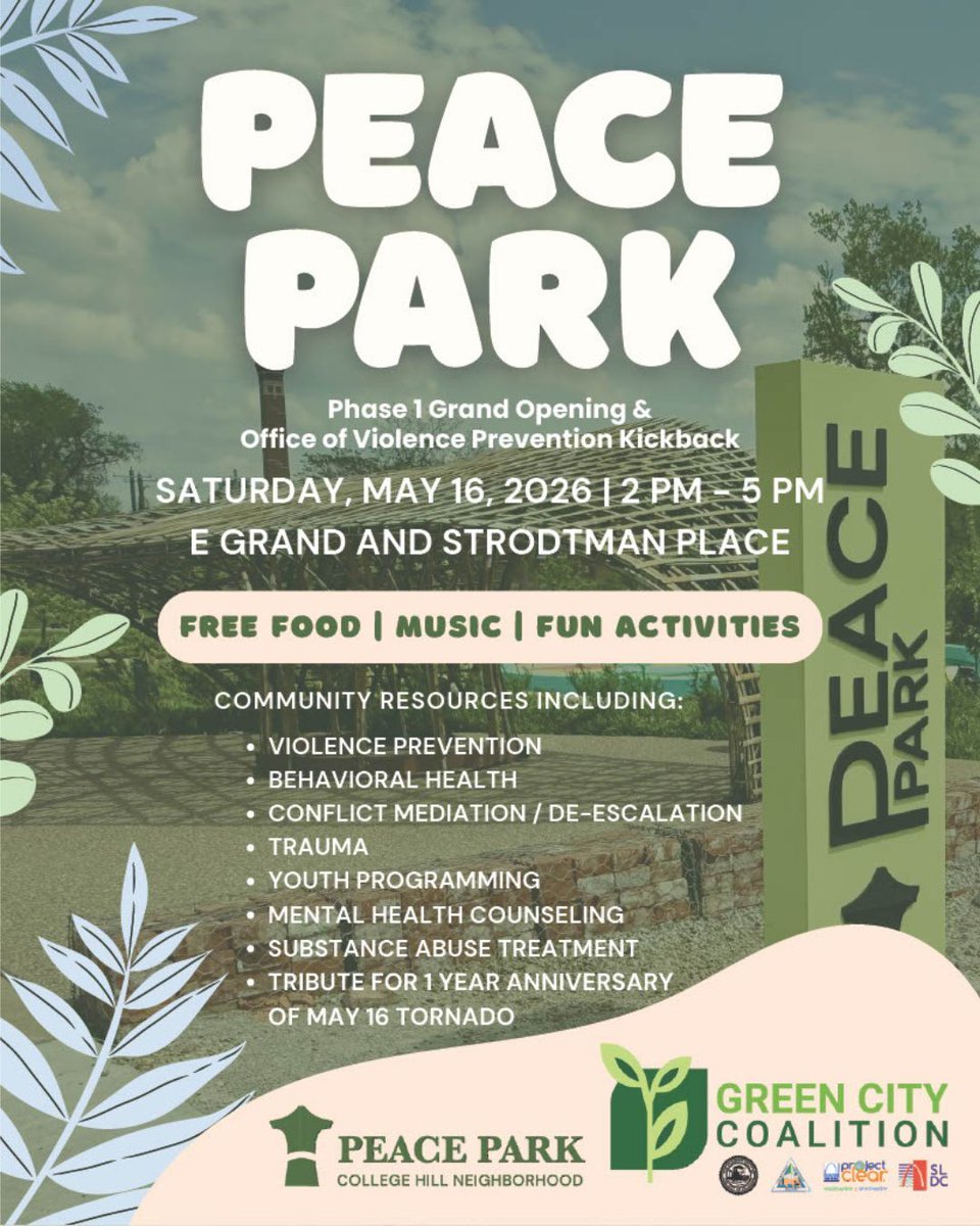 DevelopStLouis's tweet photo. Peace Park’s first phase of revitalization is complete! 🌳

To celebrate the Phase 1 grand opening of Peace Park, College Hill community members and the Green City Coalition — a partnership between SLDC, the City of St. Louis, Missouri Department of Conservation and Metropolitan St. Louis Sewer District — are collaborating with the Office of Violence Prevention (OVP) to host an OVP Kickback event.

Enjoy free food, music, activities and community resources focused on behavioral health, conflict mediation, trauma support, youth programming and more. The event will also recognize the one-year anniversary of the May 16 tornado.

Built through partnership and neighborhood vision, Peace Park is transforming once-vacant land into a vibrant community green space. This gathering is an opportunity to reflect, reconnect and continue supporting recovery while celebrating the future of College Hill.

📆 May 16 | 2 to 5 p.m.
📍 Peace Park | E. Grand and Strodtman Place (2024 E. Grand)