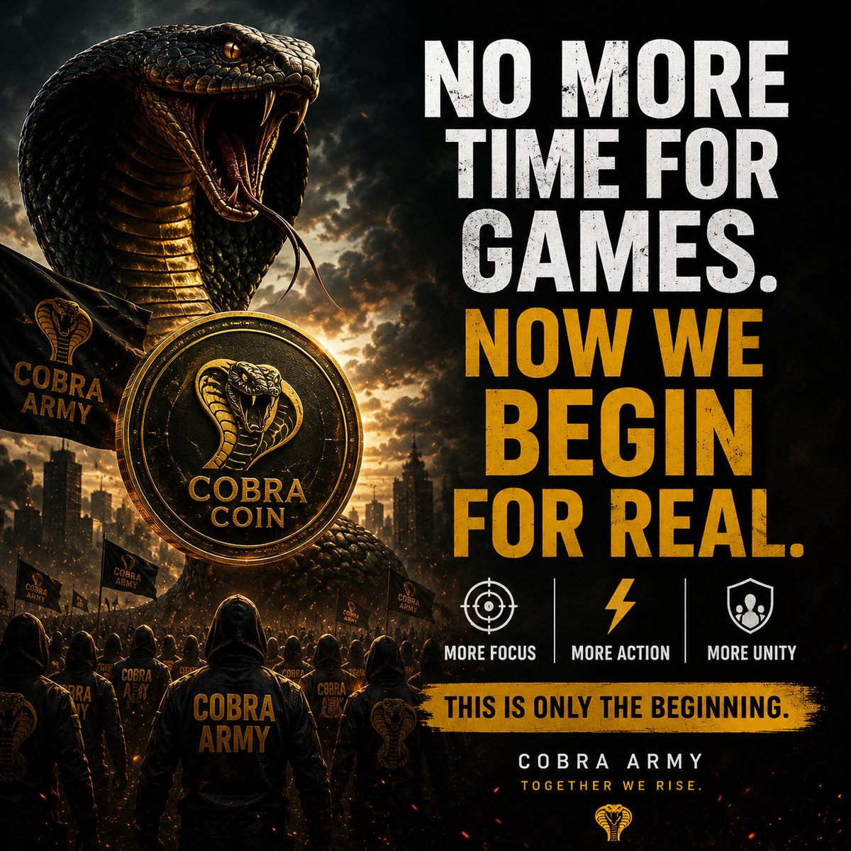 No more time for games. 🐍🔥

Cobra Army is entering a new phase.
More action.
More focus.
More pressure.

From now on we move everywhere — 
The world will hear our name. ⚡

A big announcement is coming soon.
Stay ready. 🚀
#CobraArmy #CobraCoin #SOL #SolanaEcosystem #SolanaNFT