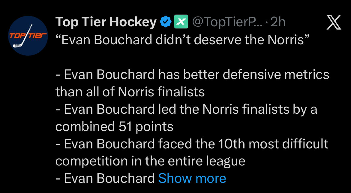Lightningb97's tweet image. This account has predictably spiraled with his true love being left off the finalist for the Norris award. 
Not one actual GM would give up Makar for Bouchard. #goavsgo