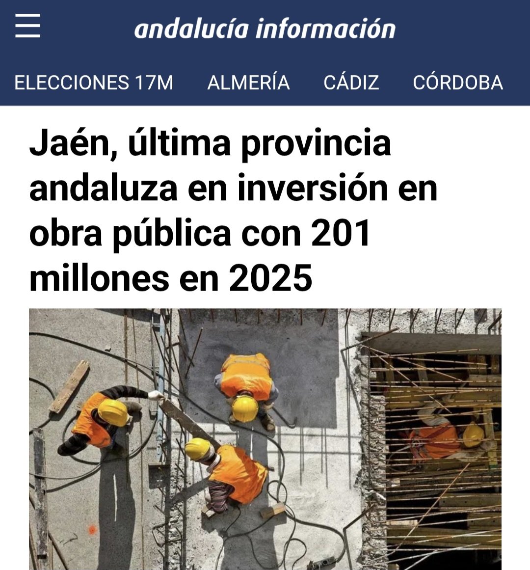 El binomio #PP-#PSOE siguen juntos de la mano perpetuando el maltrato a la provincia de Jaén.
(*) Datos oficiales ofrecidos por la patronal de constructores de Andalucía.

#JaénMereceMás #OrgulloDeProvincia #Jaén #provinciadejaen (#Andalucía, #España) #Elecciones2026andalucía