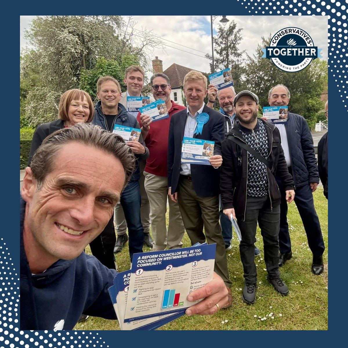 ConsrvTogethr's tweet photo. CTog Co-Founder Sir @GrantShapps, Fellowship Coordinator @AlexClarkson4MP and Hertfordshire Chairman Emil Sohrab on the ground in Northaw today - joined by Sir @OliverDowden MP as the team makes its final push on election day.

#CTog #PoweringTheParty https://t.co/HKPT6AmZgV