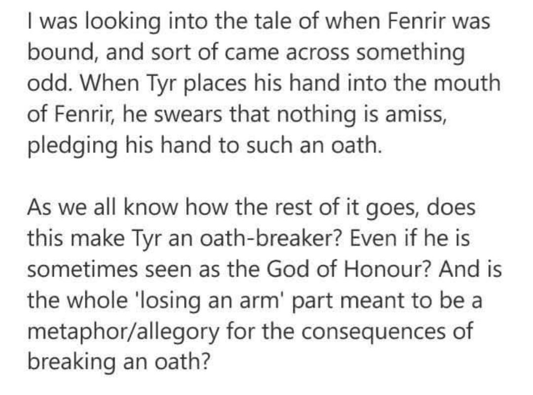 FridrFolk's tweet photo. Saw this come across my feed and it brings up a great point often debated in our community.

Keeping our oaths is of course a noble idea generally speaking, but there are exceptions. This idea often comes up when people try to compare Odin to Loki to justify Loki worship by saying that Odin is also a deceiver. The difference is that Odin deceives only his enemies, not the people he shares frith with.

Another example is that generally speaking marriage is an oath you should never break. But what about when your partner doesn't uphold their end of the bargain to love honor and cherish you? Maybe they take you for granted and begin to cheat on you, or drink or do drugs and abuse you and your children, for a long time and with no desire to change their harmful behavior. In a situation like this the behavior of the other person voids the oath because they have essentially already broken it. How can one uphold an already broken oath?

In short, your relationship to the other party and their behavior play a key role in how an oath should be interpreted.