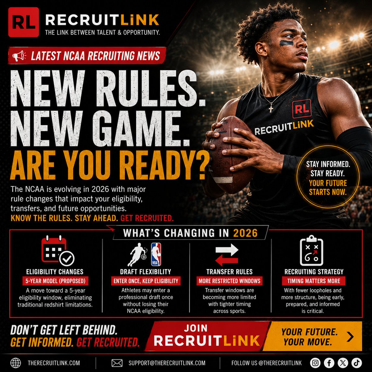 therecruitlink's tweet photo. 🚨 NEW RULES. NEW GAME. ARE YOU READY?

NCAA recruiting is evolving and the athletes who stay informed will have the advantage.

From eligibility changes to transfer rules the game is shifting fast.

Here’s what matters:
📊 Know the rules
🎯 Time your moves
🎥 Showcase your game https://t.co/ZUDeE8dIwn