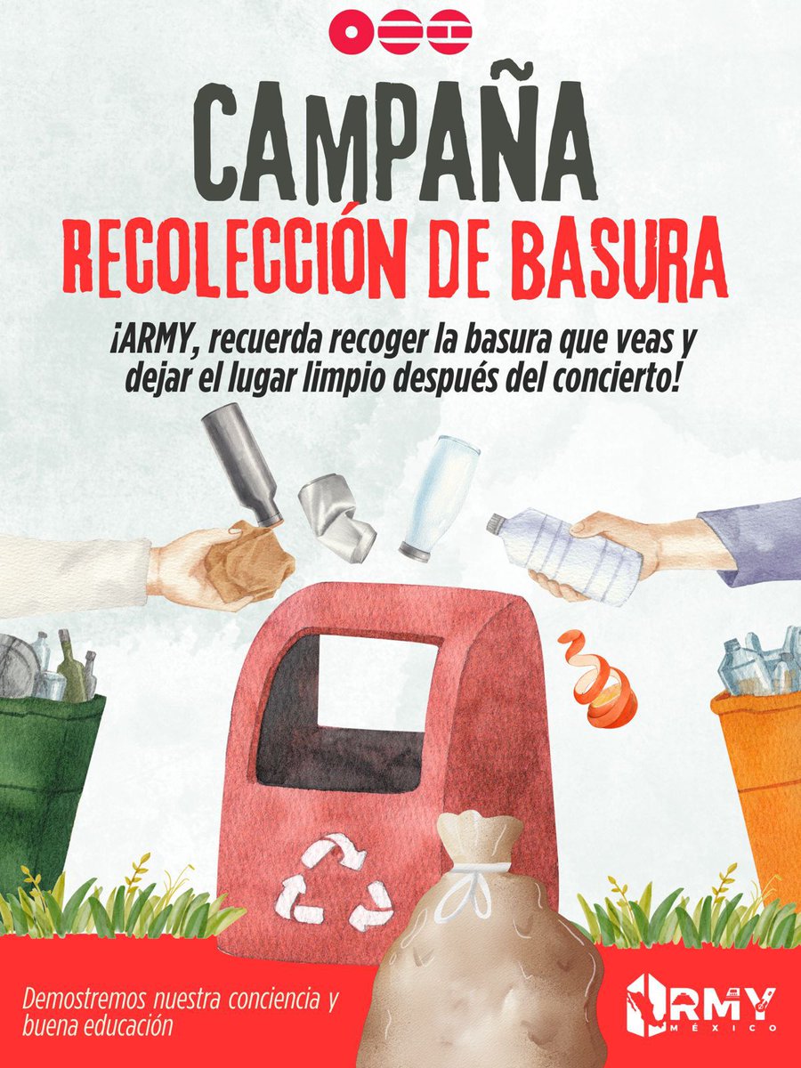 ArmyPowerMex's tweet photo. 🌱💜 ¡Hagamos que esta experiencia también deje una huella positiva!

Después del concierto, recuerda recoger tu basura y ayudar a mantener limpio el lugar ♻️✨

#ARMYMexico #CampañaDeRecolección #CuidemosElPlaneta #ARMYResponsable #ConciertoLimpio #BTSARMY #Reciclaje https://t.co/yggoc3nkqt