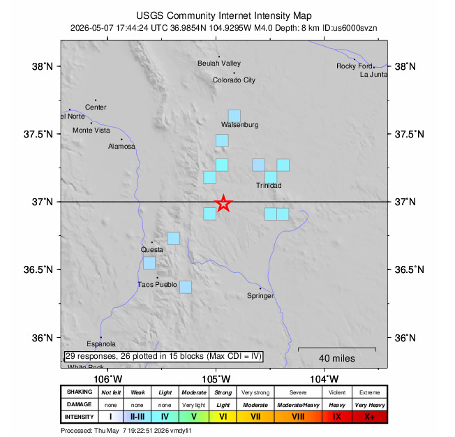 4.0 earthquake on the Colorado-New Mexico line west of Trinidad...anyone feel it? Trinidad? Walsenburg?

#COwx