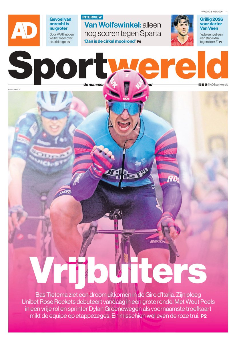 ADSportwereld's tweet photo. De cover van AD Sportwereld van vrijdag 8 mei. Daarin aandacht voor de Unibet Rose Rockets in aanloop naar de start van de Giro d'Italia in Bulgarije, grillig 2026 voor Gian van Veen, een interview met Ricky van Wolfswinkel en Sjoerd Mossou over de VAR https://t.co/FrMFTLAq50