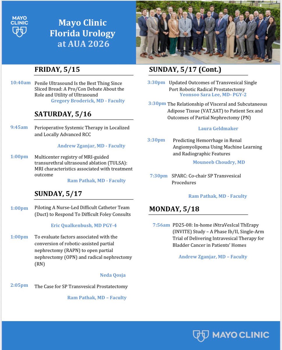 MayoFL_UrolRes's tweet photo. Mayo Clinic Florida Urology presentations at #AUA26 @AmerUrological in DC next week! 

@DrBroderickTips @ajzganjar @RamPathakMD @nedaq25 @ysaralee @Laura_Geldmaker @MouneebC https://t.co/XtDxZwVXbn