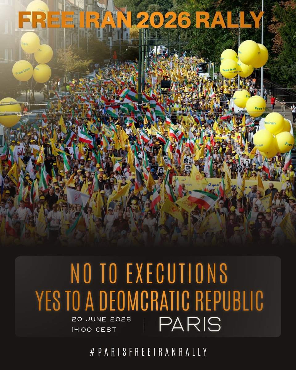 Join us in  
Largest-Ever Rally by Iranians in Paris 
 
Over 1⃣0⃣0⃣0⃣0⃣0⃣will join to say:   

📣NO TO EXECUTIONS in IRAN  
🚫Shah 🚫Mullahs
✅Democratic Republic  
June 20, 2026
14h00 Paris  

#ParisFreeIranRally #StopExecutionsInIran
