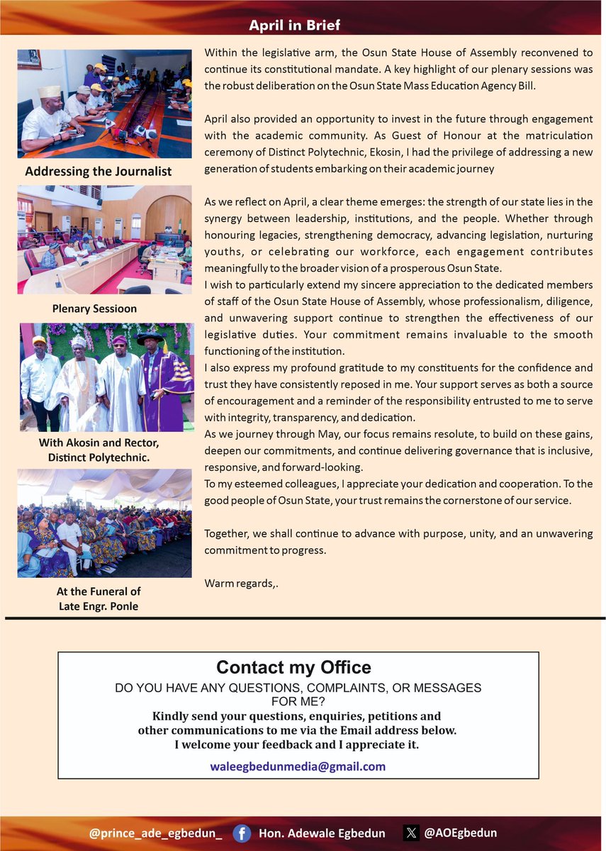 As we journey through May, our focus remains resolute, to build on these gains, deepen our commitments, and continue delivering governance that is inclusive, responsive, and forward-looking.

To my esteemed colleagues, I appreciate your dedication and cooperation. To the good
