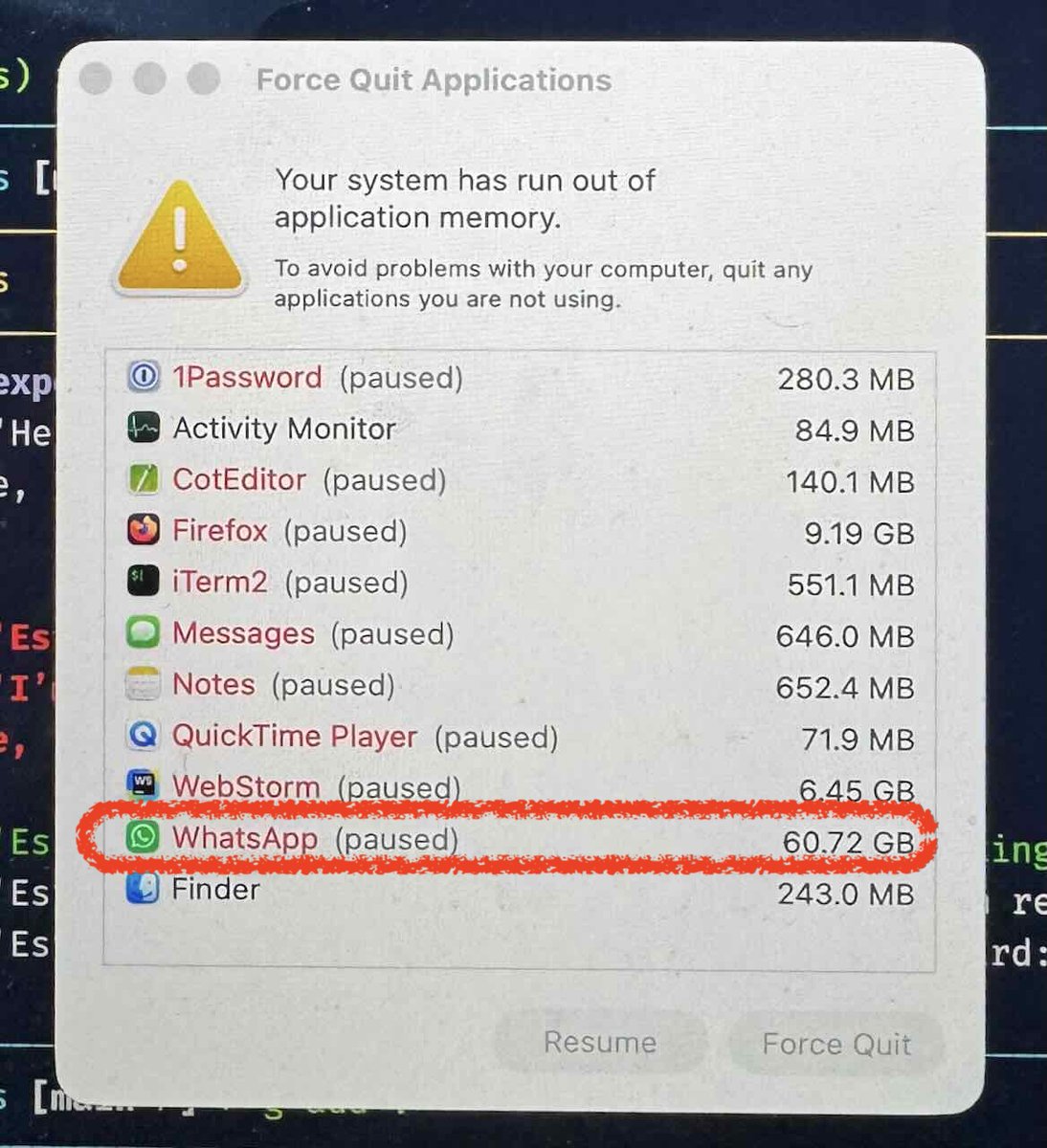 BMorearty's tweet photo. My Mac ran out of memory the other day, quite a surprise. WhatsApp was using 60 GB. (Screenshots weren’t working so I took a pic.)

Nice that it can summarize memory for a whole app instead of just per process like Activity Monitor does. Anyone know of a free tool for this? https://t.co/Yj11WHYpeA