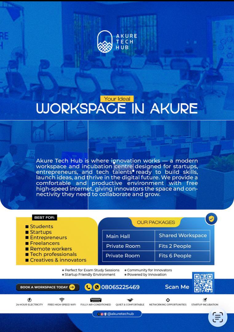 AkureTechub's tweet photo. 📍Book a workspace today and experience innovation at its best. 

Enjoy:
✅ 24-hour electricity
✅ Free high-speed Wi-Fi
✅ Fully air-conditioned workspace
✅ Quiet and comfortable environment
✅ Networking opportunities
✅ Startup-friendly atmosphere
#akuretechub #techenthusiast https://t.co/6xtbK4jmYv