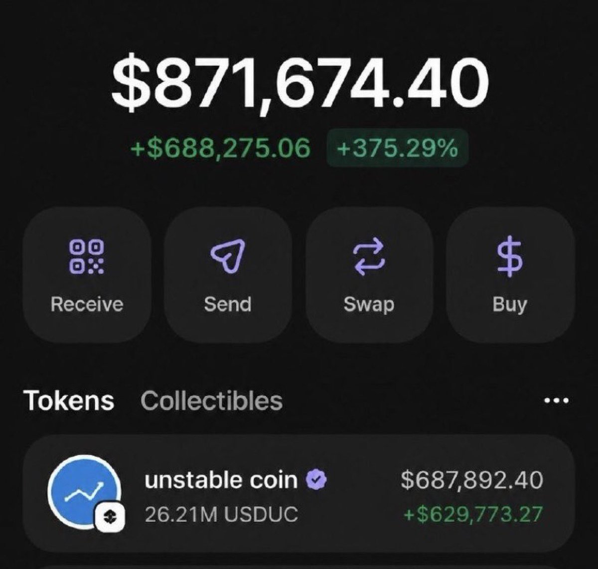 fluffycrypt's tweet photo. I thought you all said the market is dead?😃

this surprised me a lot 

I'm up $678k in profit from my $400 investment in $USDUC 

To celebrate this free money.

I'll bless my followers with $2500 in $SOL on this post for 10 lucky winners ($250 each)

Like and retweet 

Comment your Solana wallet