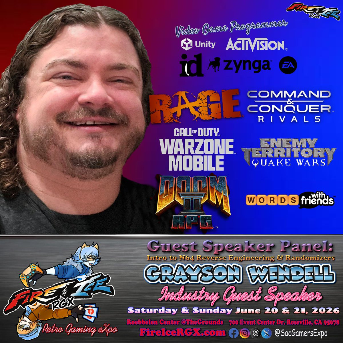 sacgamersexpo's tweet photo. We’re pleased to welcome @chimbraca of @SleepyBitsNES as an Industry Guest Speaker at Fire &amp; Ice RGX 2026!

Grayson will be hosting a panel - Intro to N64 Reverse Engineering &amp; Randomizers

#EnemyTerritoryQuakeWars #DoomIIRPG #RAGE #WordswithFriends #CommandandConquerRivals #NES https://t.co/uxG92LZRo3