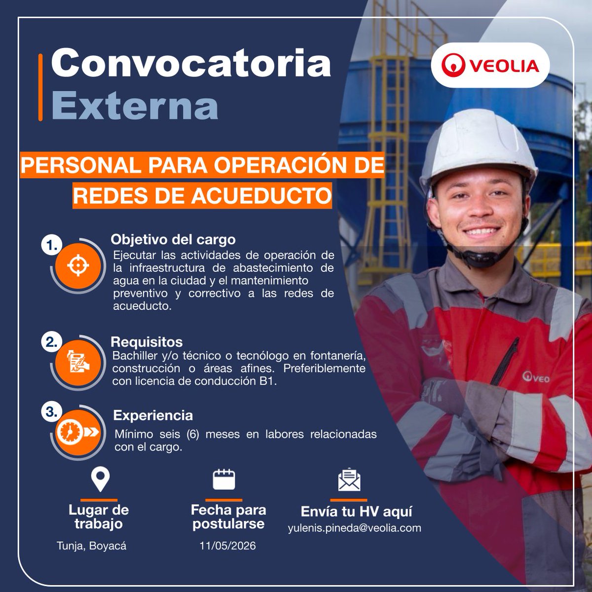 #TrabajoSíHay
Buscamos Operador (a) de redes de acueducto.
🛠️ Requisitos: Bachiller y/o técnico en fontanería, construcción o afines con 6 meses de experiencia. 
📍 Lugar: Tunja. 
🗓️ Postula hasta: 11/05/2026. 
📩 Envía tu HV a: yulenis.pineda@veolia.com.