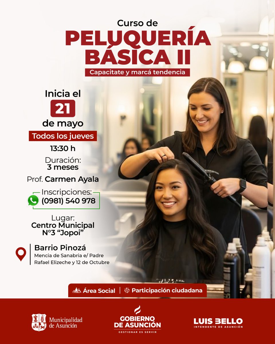 💇🏼‍♀️💆🏻‍♀️Incorporá nuevos conocimientos de peluquería con este curso, que se dará en el 📍Centro Municipal N° 3. Las clases iniciarán el jueves 21. 🗓️
📲 Pedí más información e inscribite, vía WhatsApp, al: 0981 540 978.