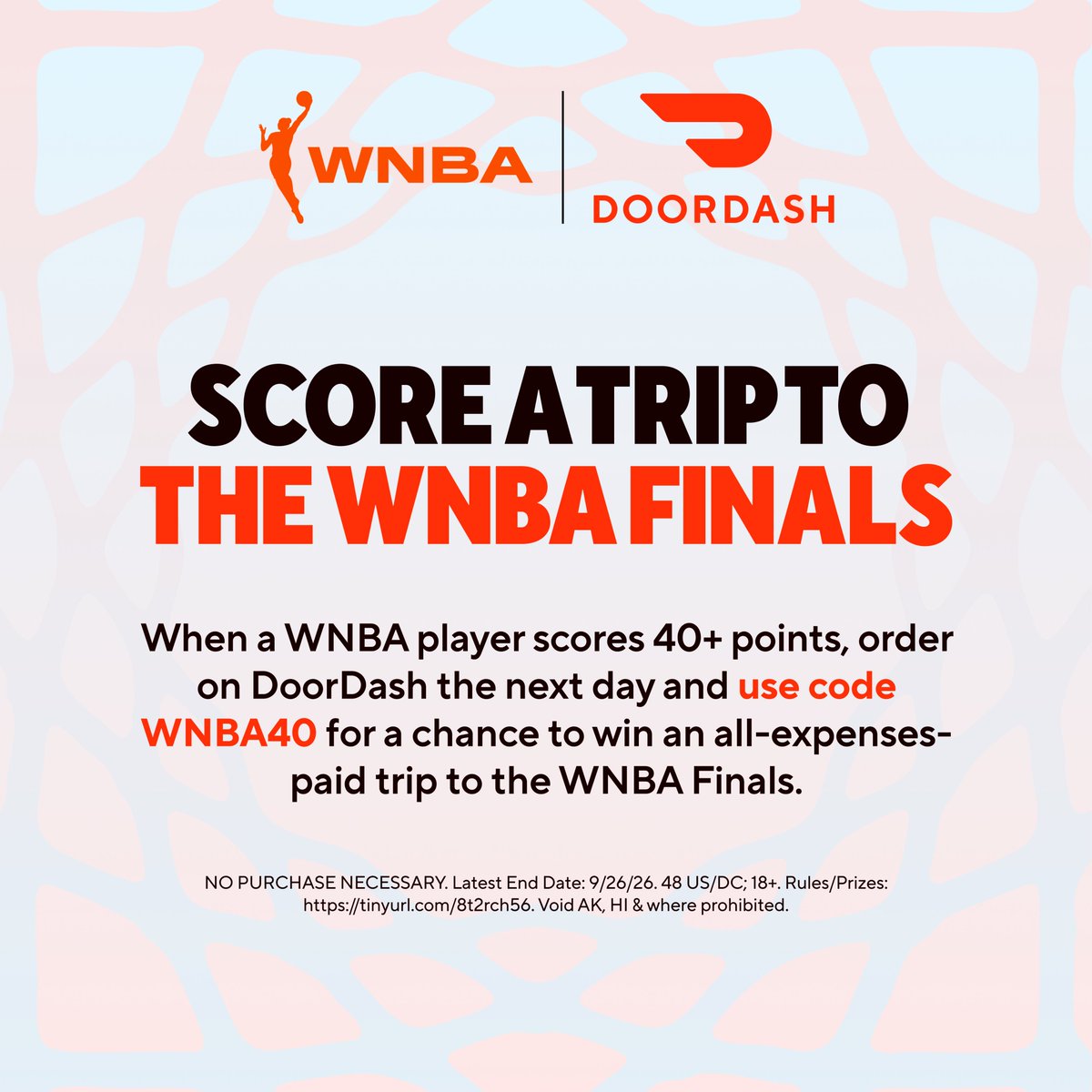 WNBA's tweet photo. When a player scores 40+ points in a single game, use code WNBA40 on your @DoorDash order the next day for a chance to win an all-expenses-paid trip to the WNBA Finals! https://t.co/QzuqiatHWj
