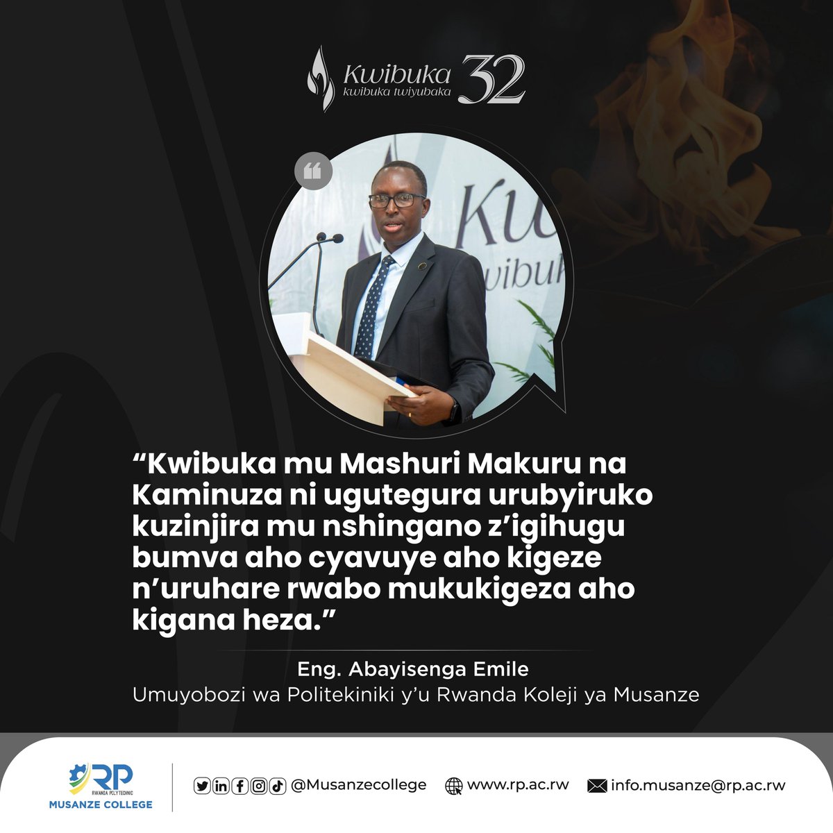 MusanzeCollege's tweet photo. “Kwibuka mu Mashuri makuru na Kaminuza ni ugutegura urubyiruko kuzinjira munshingano z’igihugu bumva aho cyavuye aho kigeze n’uruhare rwabo mukukigeza aho kigana heza.”

Eng. Abayisenga Emile | Umuyobozi wa Politekiniki y’u Rwanda Koleji ya Musanze https://t.co/JOcJsI0b5L