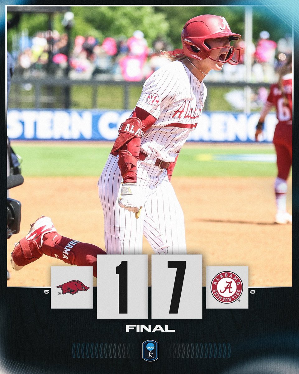 NCAASoftball's tweet photo. THE TIDE IS ROLLIN' ON 🌊

No. 3 @AlabamaSB gets the 7-1 win over No. 5 Arkansas to advance in the SEC Tournament!

#NCAASoftball https://t.co/2OJk2FVLet