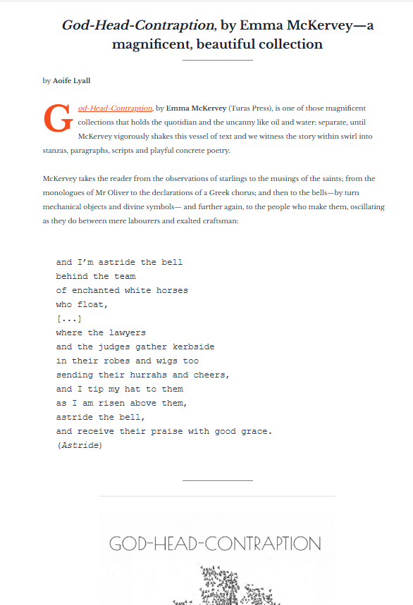 TurasPress's tweet photo. Huge thanks to Aoife @PoetLyall for her wonderful review of @emma_mckervey 's stunning poetry collection #GodHeadContraption in #booksireland -'A magnificent, beautiful collection' @poetryireland @Poetry_London @PoetrySociety @DublinCityofLit https://t.co/jFhDugYxiv