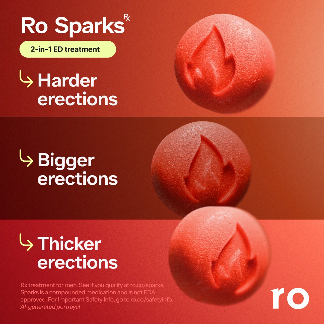 ro's tweet photo. Struggling with ED? Ro Sparks get you harder, faster, if prescribed. Compounded, not FDA approved. See safety info link on image.