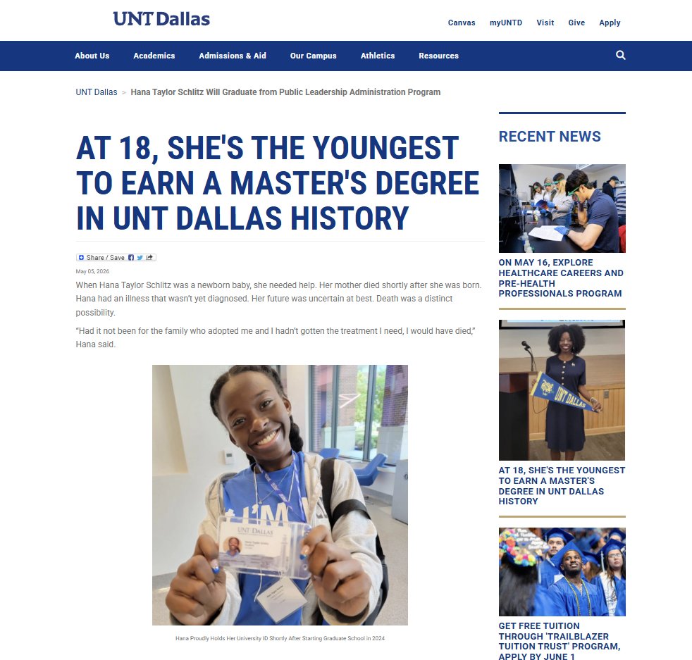 HTaylorSchlitz's tweet photo. My little sister, & @SGRho Soror, Hana Taylor Schlitz is making history. At 18, she is graduating with her masterโs from @UNTDallas, becoming the youngest masterโs graduate in the universityโs history. Her story is survival, purpose, and service. #BlackGirlMagic #SGRho https://t.co/MK8K27aoI4