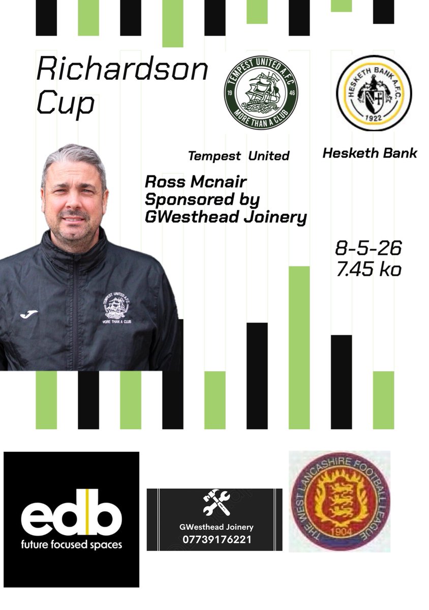 Tempest_United's tweet photo. Friday night football for the last game of the season and it’s a belter. 
Richardson Cup Final at Euxton Villa .  7.45 ko 
Can the boys finish on a high. 
#greeeeeennnn https://t.co/uIeB9T77Ck