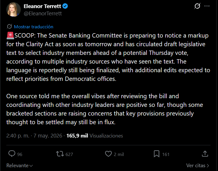 🔥BREAKING🔥

💥 El Comité Bancario del Senado se estaría preparando para programar una sesión de markup (revisión del proyecto de ley) de la Clarity Act "tan pronto como mañana", informa <a href="/EleanorTerrett/">Eleanor Terrett</a>...

👀Las probabilidades de que se apruebe este año alcanzaron el 89% y la