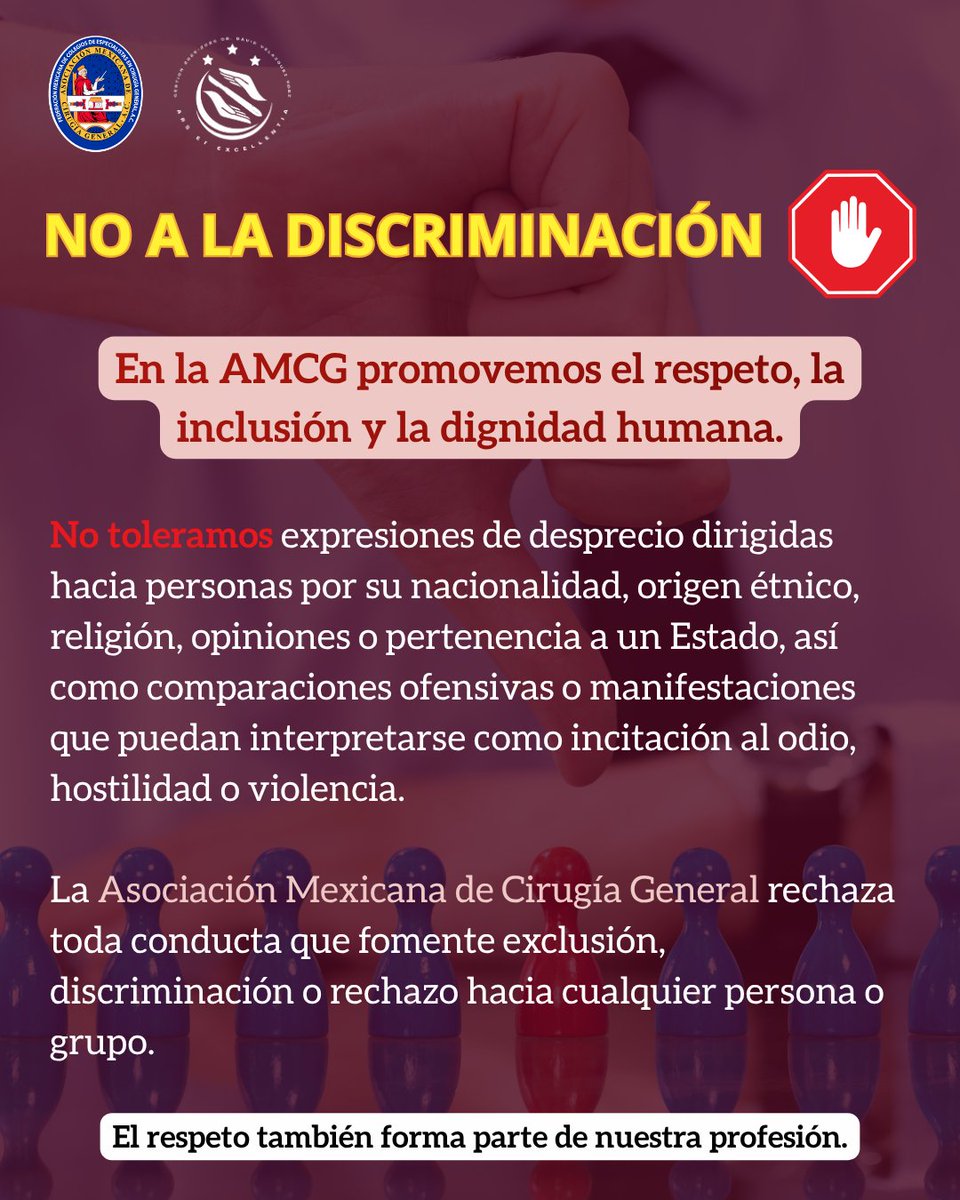 amcgmx's tweet photo. En la AMCG creemos en una medicina basada en el respeto, la inclusión y la dignidad humana.
No hay espacio para el odio, la discriminación ni la violencia.
El respeto también salva vidas.
#NoALaDiscriminación #AMCG #Respeto https://t.co/UtDzo5UuTG