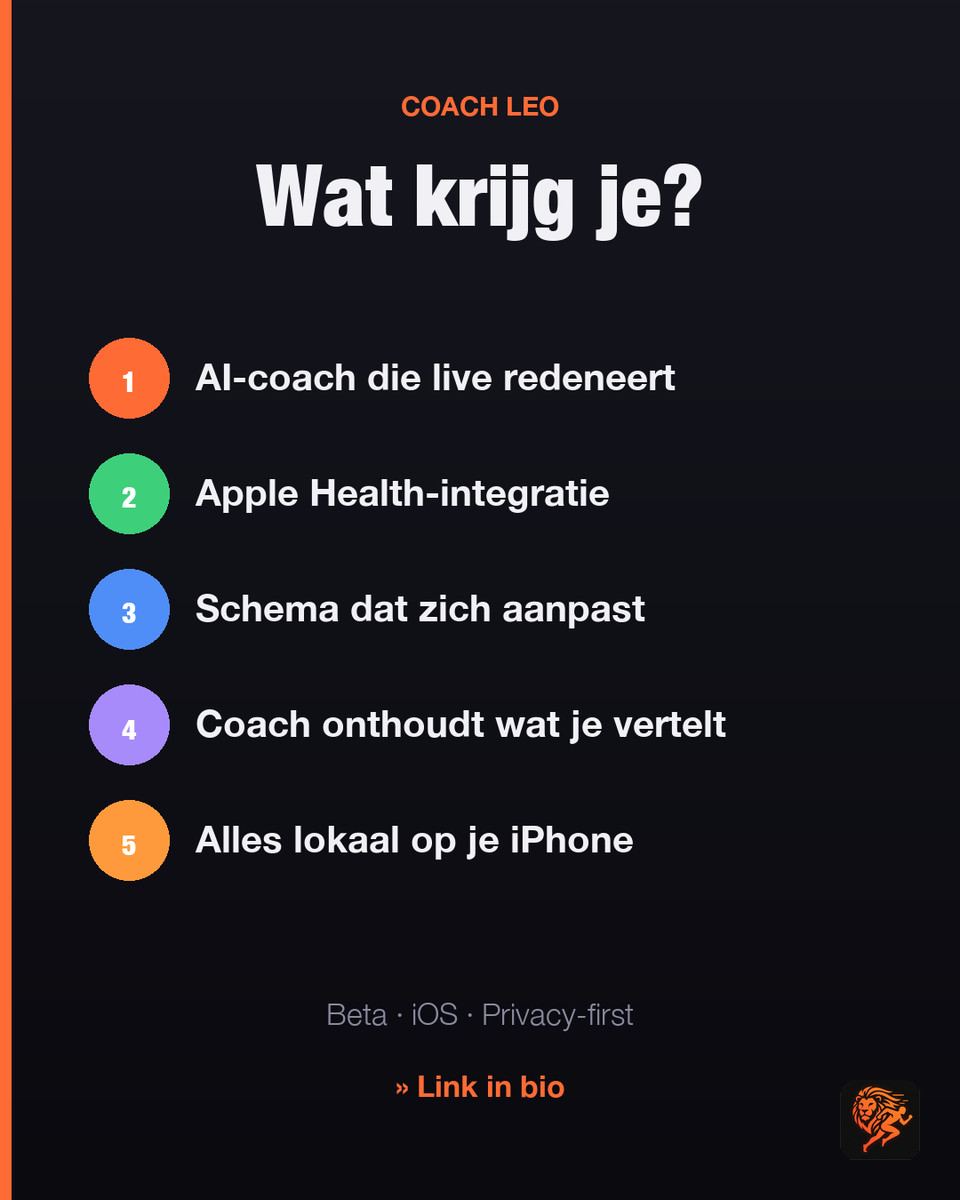icvanee's tweet photo. 🦁 Beta testers gezocht.

Coach Leo is een AI-hardloopcoach voor iOS. Geen abonnement, geen tracker-circus. Je praat gewoon met je coach, hij leest je Apple Health, en jij krijgt advies dat past bij hoe het écht met je gaat.

Wil je 'm proberen? https://t.co/qiL0nh5Z4S. https://t.co/L5MiDmdhcK